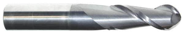 Accupro - 1/2" Diam, 3" LOC, 2 Flute Solid Carbide Ball End Mill - AlTiN Finish, Single End, 6" OAL, 1/2" Shank Diam, Spiral Flute - Benchmark Tooling