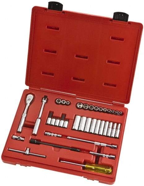 Proto - 37 Piece 1/4" Drive Full Polish Finish Deep Well Socket Set - 6, 8 Points, 3/16" to 9/16" Range, Inch Measurement Standard - Benchmark Tooling