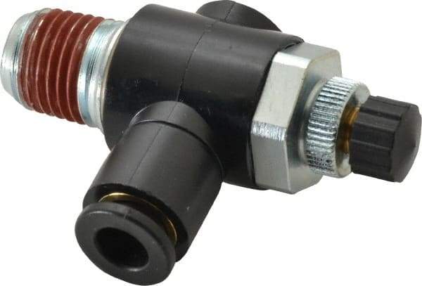 ARO/Ingersoll-Rand - 1/4" Male NPT x 1/4" Female NPT Right Angle Flow Control Valve - 0 to 150 psi & Brass Material - Benchmark Tooling