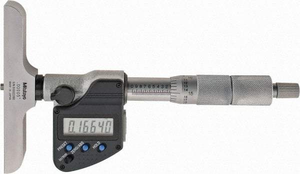 Mitutoyo - 0 to 152.4mm Range, 4" Base Length, 6 Rods, Ratchet Stop Thimble, Electronic Depth Micrometer - No Water Resistance Rating, 0.00005" Resolution, Accurate to 0.00012", 0.157" Rod Diam, SR44 Battery, Data Output - Benchmark Tooling