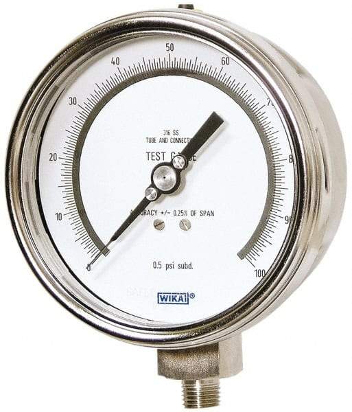 Wika - 4" Dial, 1/4 Thread, 0-100 Scale Range, Pressure Gauge - Lower Connection Mount, Accurate to 0.25% of Scale - Benchmark Tooling