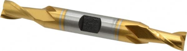 Hertel - 5/16", 9/16" LOC, 3/8" Shank Diam, 3-1/8" OAL, 2 Flute, Cobalt Square End Mill - Double End, TiN Finish, Spiral Flute, 30° Helix, Centercutting, Right Hand Cut, Right Hand Flute - Benchmark Tooling