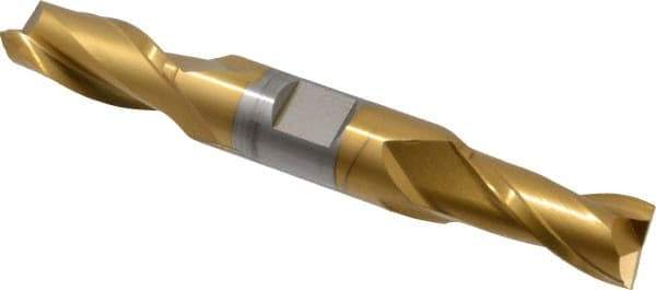 Hertel - 9/16", 1-1/8" LOC, 5/8" Shank Diam, 4-1/2" OAL, 2 Flute, Cobalt Square End Mill - Double End, TiN Finish, Spiral Flute, 30° Helix, Centercutting, Right Hand Cut, Right Hand Flute - Benchmark Tooling