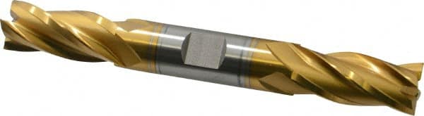 Hertel - 5/8", 1-3/8" LOC, 5/8" Shank Diam, 5" OAL, 4 Flute, Cobalt Square End Mill - Double End, TiN Finish, Spiral Flute, 30° Helix, Centercutting, Right Hand Cut, Right Hand Flute - Benchmark Tooling