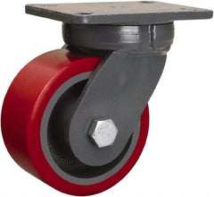Hamilton - 6" Diam x 3" Wide x 8" OAH Top Plate Mount Swivel Caster - Polyurethane Mold onto Cast Iron Center, 2,600 Lb Capacity, Tapered Roller Bearing, 5-1/4 x 7-1/4" Plate - Benchmark Tooling