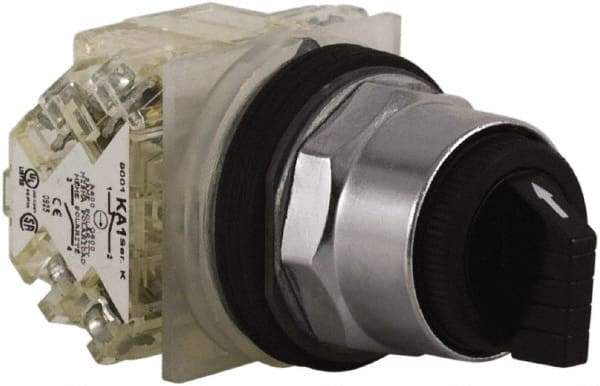 Schneider Electric - 30mm Mount Hole, 3 Position, Knob and Pushbutton Operated, Selector Switch - Black, Maintained (MA), 2NO/2NC, Weatherproof and Dust and Oil Resistant - Benchmark Tooling