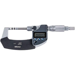 Mitutoyo - 0 to 1" Range, 0.00005" Resolution, Blade Throat IP54 Electronic Outside Micrometer - 0.00015" Accuracy, Ratchet Stop Thimble, Carbide-Tipped Face, SR44 Battery - Benchmark Tooling