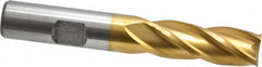 Cleveland - 1/2", 1-1/4" LOC, 1/2" Shank Diam, 3-1/4" OAL, 4 Flute, High Speed Steel Square End Mill - Single End, TiN Finish, Spiral Flute, 30° Helix, Centercutting, Right Hand Cut, Right Hand Flute, Series HG-4C - Benchmark Tooling