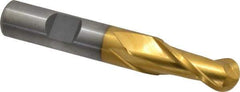 Cleveland - 1/2" Diam, 1" LOC, 2 Flute High Speed Steel Ball End Mill - TiN Finish, Single End, 3-1/4" OAL, 1/2" Shank Diam, Spiral Flute - Benchmark Tooling