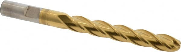 Cleveland - 3/8" Diam, 2-1/2" LOC, 4 Flute High Speed Steel Ball End Mill - TiN Finish, Single End, 4-1/4" OAL, 3/8" Shank Diam, Spiral Flute - Benchmark Tooling