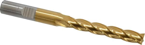 Cleveland - 5/16", 2" LOC, 3/8" Shank Diam, 3-1/4" OAL, 4 Flute, High Speed Steel Square End Mill - Single End, TiN Finish, Spiral Flute, 30° Helix, Centercutting, Right Hand Cut, Right Hand Flute, Series HG-4C - Benchmark Tooling