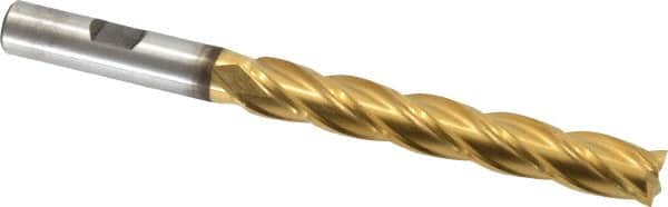 Cleveland - 13/32", 2-3/4" LOC, 3/8" Shank Diam, 4-1/2" OAL, 4 Flute, High Speed Steel Square End Mill - Single End, TiN Finish, Spiral Flute, 30° Helix, Centercutting, Right Hand Cut, Right Hand Flute, Series HG-4C - Benchmark Tooling