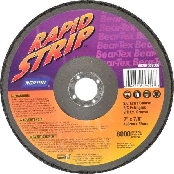 Norton - 7" Wheel Diam, 1/2" Wheel Thickness, 7/8" Arbor Hole, Type 27 Depressed Center Wheel - Silicon Carbide, 8,000 Max RPM, Compatible with Angle Grinder, Drill, Flexible Shaft Motor & Straight Shaft Grinder - Benchmark Tooling