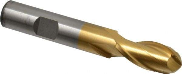 Cleveland - 1/2" Diam, 1" LOC, 2 Flute Cobalt Ball End Mill - TiN Finish, Single End, 3-1/4" OAL, 1/2" Shank Diam, Spiral Flute - Benchmark Tooling