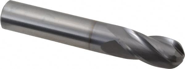 OSG - 1/2" Diam, 1" LOC, 4 Flute Solid Carbide Ball End Mill - TiCN Finish, Single End, 3" OAL, 1/2" Shank Diam, Spiral Flute - Benchmark Tooling