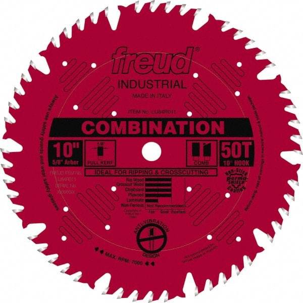 Freud - 10" Diam, 5/8" Arbor Hole Diam, 50 Tooth Wet & Dry Cut Saw Blade - Carbide-Tipped, Standard Round Arbor - Benchmark Tooling