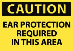 NMC - Accident Prevention Label, Header: CAUTION - Legend: Caution - Ear Protection Required in This Area, English, Black & Yellow, 5" Long x 3" High, Sign Muscle Finish - Benchmark Tooling