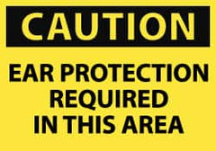 NMC - Accident Prevention Label, Header: CAUTION - Legend: Caution - Ear Protection Required in This Area, English, Black & Yellow, 5" Long x 3" High, Sign Muscle Finish - Benchmark Tooling