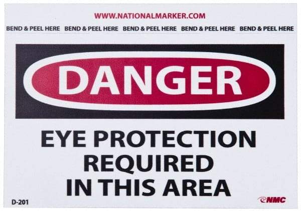 NMC - Accident Prevention Label, Header: DANGER - Legend: Danger - Eye Protection Required in This Area, English, Red, Black & White, 5" Long x 3" High, Sign Muscle Finish - Benchmark Tooling