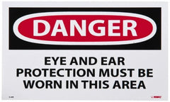 NMC - Accident Prevention Label, Header: DANGER - Legend: Danger - Eye and Ear Protection Must Be Worn in This Area, English, Red, Black & White, 5" Long x 3" High, Sign Muscle Finish - Benchmark Tooling