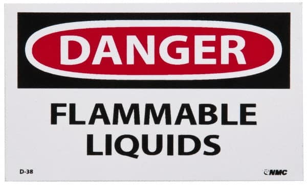NMC - Hazardous Materials Label, Header: DANGER - Legend: Danger - Flammable Liquids, English, Red, Black & White, 5" Long x 3" High, Sign Muscle Finish - Benchmark Tooling