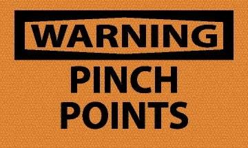 NMC - Accident Prevention Label, Header: WARNING - Legend: Warning - Pinch Points, English, Black & Orange, 5" Long x 3" High, Sign Muscle Finish - Benchmark Tooling