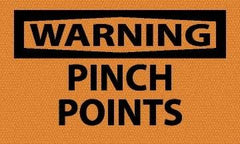 NMC - Accident Prevention Label, Header: WARNING - Legend: Warning - Pinch Points, English, Black & Orange, 5" Long x 3" High, Sign Muscle Finish - Benchmark Tooling