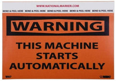 NMC - Accident Prevention Label, Header: WARNING - Legend: Warning - This Machine Starts Automatically, English, Black & Orange, 5" Long x 3" High, Sign Muscle Finish - Benchmark Tooling