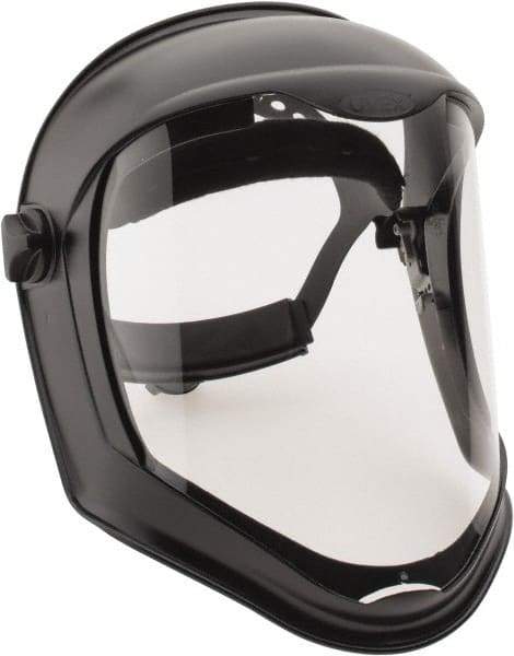 Uvex - Acrylonitrile Butadiene Styrene (ABS) Black Ratchet Adjustment, Face Shield & Headgear Set - 14-1/4" Wide x 9-3/8" High, Anti-Fog, Clear Window - Benchmark Tooling