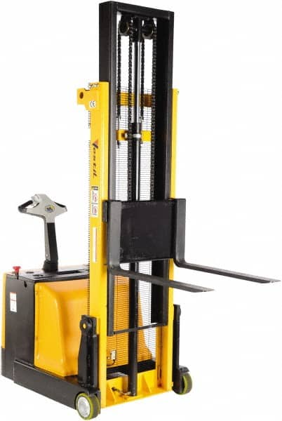 Vestil - 1,100 Lb Capacity, 118" Lift Height, Battery Powered Stacker - 1-3/16" Lowered Height, 30" Fork Length, 32-1/4" Overall Width - Benchmark Tooling