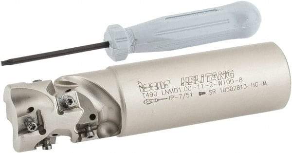 Iscar - 1" Cut Diam, 1.2" Max Depth of Cut, 1" Shank Diam, 4" OAL, Indexable Square Shoulder End Mill - T490 LN.T 08.. Inserts, Weldon Shank, 90° Lead Angle, Through Coolant, Series Helitang - Benchmark Tooling