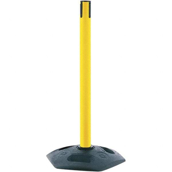 Tensator - 38" High, 2-1/2" Pole Diam, Tensabarrier Post - 19" Base Diam, Octagon Rubber Base, Yellow Plastic Post, Tape, Single Line Tape, For Outdoor Use - Benchmark Tooling