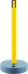 Tensator - 38" High, 2-1/2" Pole Diam, Tensabarrier Post - 15" Base Diam, Round Plastic Base, Yellow Plastic Post, Tape, Single Line Tape, For Outdoor Use - Benchmark Tooling