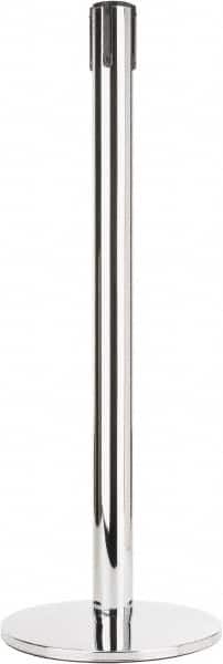 Tensator - 38" High, 2-1/2" Pole Diam, Tensabarrier Post - 14" Base Diam, Round Heavy Gauge Steel Base, Polished Chrome (Color) Steel Post, Tape, Single Line Tape - Benchmark Tooling