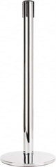 Tensator - 38" High, 2-1/2" Pole Diam, Tensabarrier Post - 14" Base Diam, Round Heavy Gauge Steel Base, Polished Chrome (Color) Steel Post, Tape, Single Line Tape - Benchmark Tooling