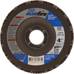 Norton - 80 Grit, 4-1/2" Disc Diam, 7/8" Center Hole, Type 29 Zirconia Alumina Flap Disc - 13,300 Max RPM, Cloth Backing, Arbor Attaching System, Coated - Benchmark Tooling