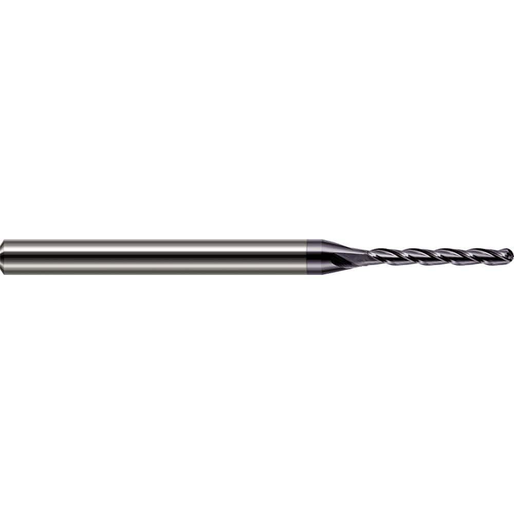 Ball End Mill: 0.02″ Dia, 0.2″ LOC, 3 Flute, Solid Carbide 2-1/2″ OAL, 1/8″ Shank Dia, 30 ° Helix, AlTiN Coated, Single End