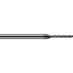 Ball End Mill: 0.02″ Dia, 0.2″ LOC, 3 Flute, Solid Carbide 2-1/2″ OAL, 1/8″ Shank Dia, 30 ° Helix, AlTiN Coated, Single End