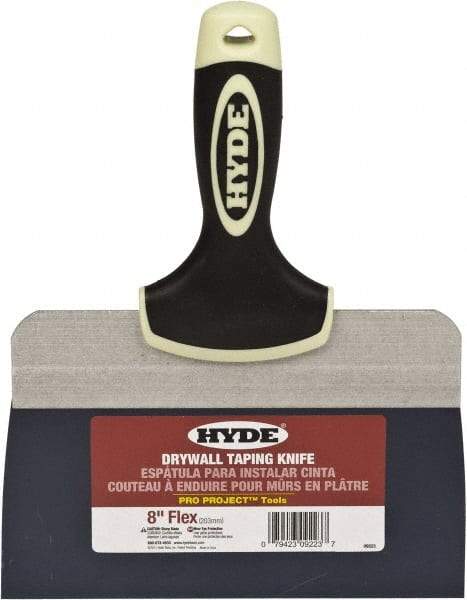 Hyde Tools - 8" Wide Spring Blade Tempered Steel Taping Knife - Flexible, Soft Grip Plastic Overmold Handle, 10-1/2" OAL - Benchmark Tooling