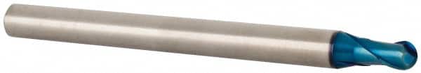 Accupro - 3/16" Diam, 3/16" LOC, 2 Flute Solid Carbide Ball End Mill - Blue Finish, Single End, 3" OAL, 1/4" Shank Diam, Spiral Flute - Benchmark Tooling