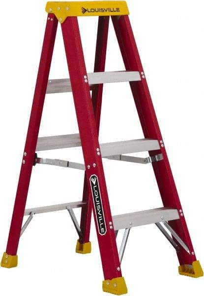 Louisville - 3 Steps, 4' High, Type IA Rating, Fiberglass Step Ladder - 300 Lb Capacity, 18-13/16" Base Width - Benchmark Tooling