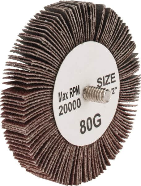 Tru-Maxx - 3" Diam x 1/2" Face Width, Medium Aluminum Oxide Coated Mounted Flap Wheel - 1/4-20 Threaded Mount, 80 Grit, 20,000 Max RPM - Benchmark Tooling