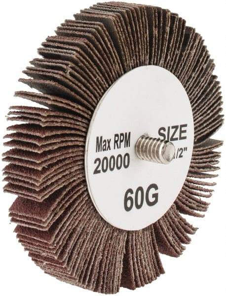 Tru-Maxx - 3" Diam x 1/2" Face Width, Medium Aluminum Oxide Coated Mounted Flap Wheel - 1/4-20 Threaded Mount, 60 Grit, 20,000 Max RPM - Benchmark Tooling