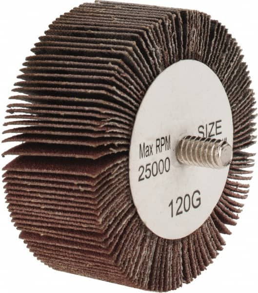 Tru-Maxx - 2-1/2" Diam x 1" Face Width, Fine Aluminum Oxide Coated Mounted Flap Wheel - 1/4-20 Threaded Mount, 120 Grit, 25,000 Max RPM - Benchmark Tooling