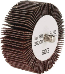 Tru-Maxx - 2-1/2" Diam x 1" Face Width, Medium Aluminum Oxide Coated Mounted Flap Wheel - 1/4-20 Threaded Mount, 60 Grit, 25,000 Max RPM - Benchmark Tooling
