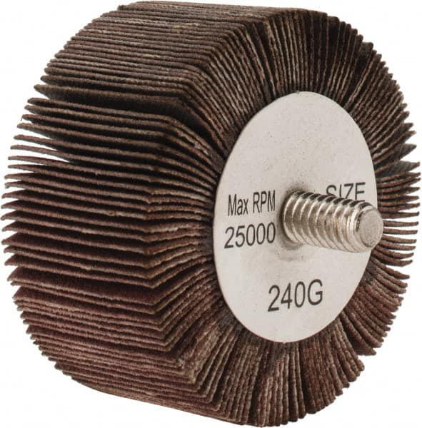 Tru-Maxx - 2" Diam x 1" Face Width, Very Fine Aluminum Oxide Coated Mounted Flap Wheel - 1/4-20 Threaded Mount, 240 Grit, 25,000 Max RPM - Benchmark Tooling
