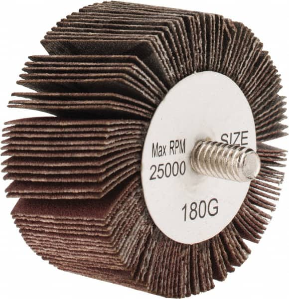 Tru-Maxx - 2" Diam x 1" Face Width, Very Fine Aluminum Oxide Coated Mounted Flap Wheel - 1/4-20 Threaded Mount, 180 Grit, 25,000 Max RPM - Benchmark Tooling