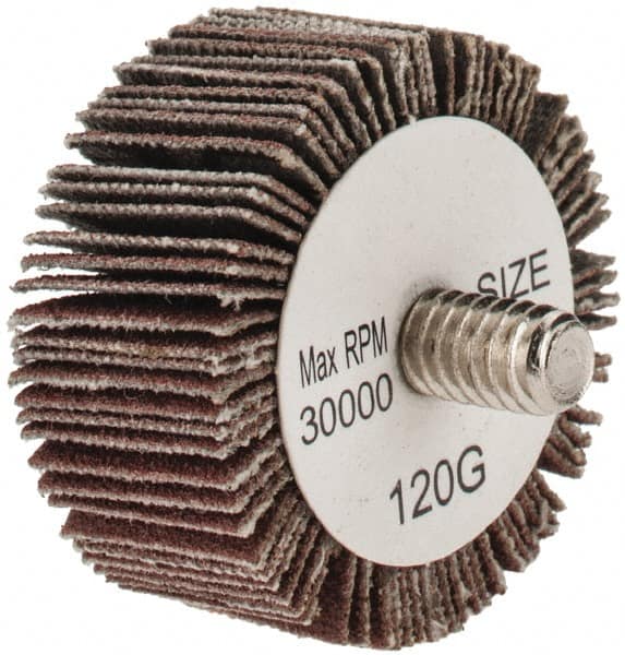Tru-Maxx - 1-3/8" Diam x 5/8" Face Width, Fine Aluminum Oxide Coated Mounted Flap Wheel - 1/4-20 Threaded Mount, 120 Grit, 30,000 Max RPM - Benchmark Tooling