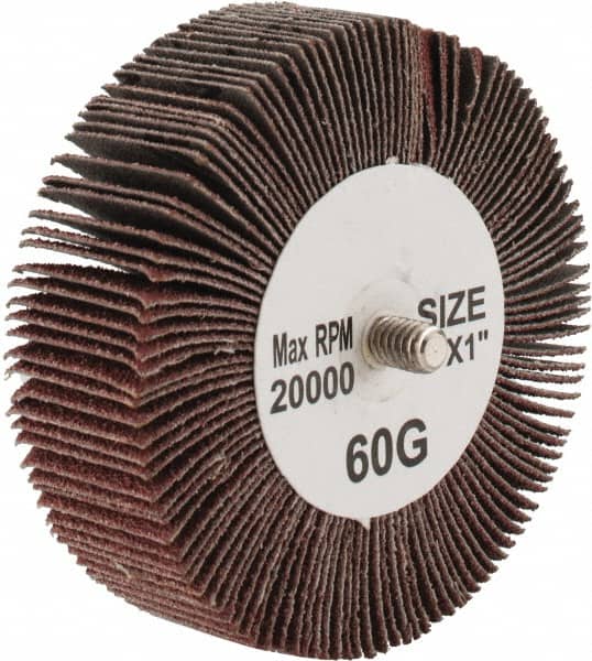 Tru-Maxx - 3" Diam x 1" Face Width, Medium Aluminum Oxide Coated Mounted Flap Wheel - 1/4-20 Threaded Mount, 60 Grit, 20,000 Max RPM - Benchmark Tooling