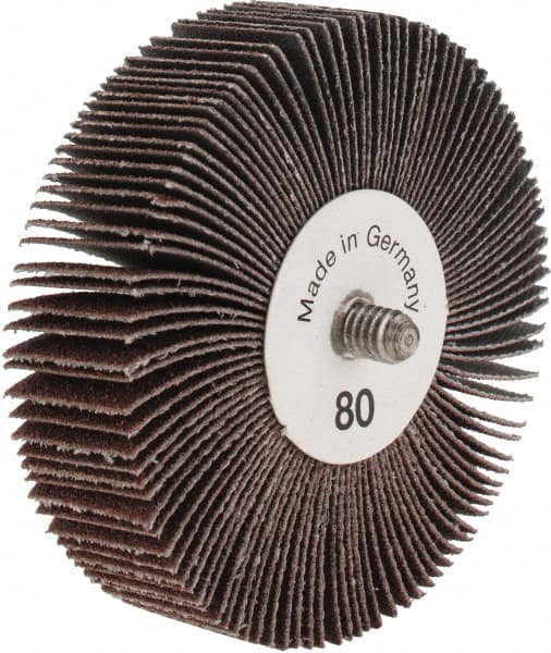 Tru-Maxx - 3" Diam x 3/4" Face Width, Medium Aluminum Oxide Coated Mounted Flap Wheel - 1/4-20 Threaded Mount, 80 Grit, 20,000 Max RPM - Benchmark Tooling